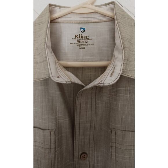 Kuhl Born In The Mountains-Short Sleeve Button Up Shirt Men's M Green Tan EUC￼ - Picture 2 of 3